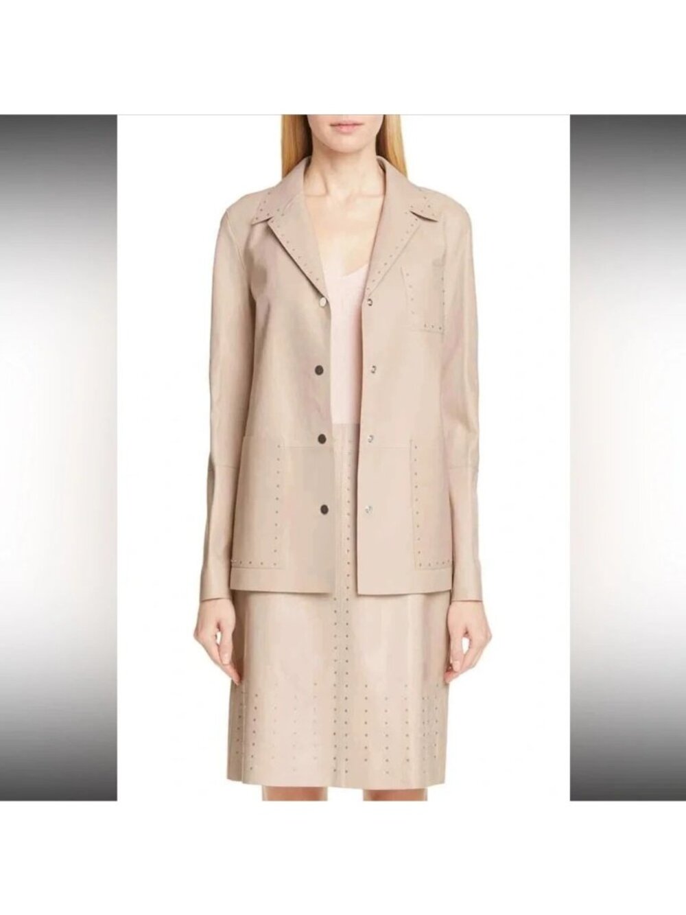 Lafayette 148 New York Jolisa Studded Leather Jacket in Cream MEDIUM